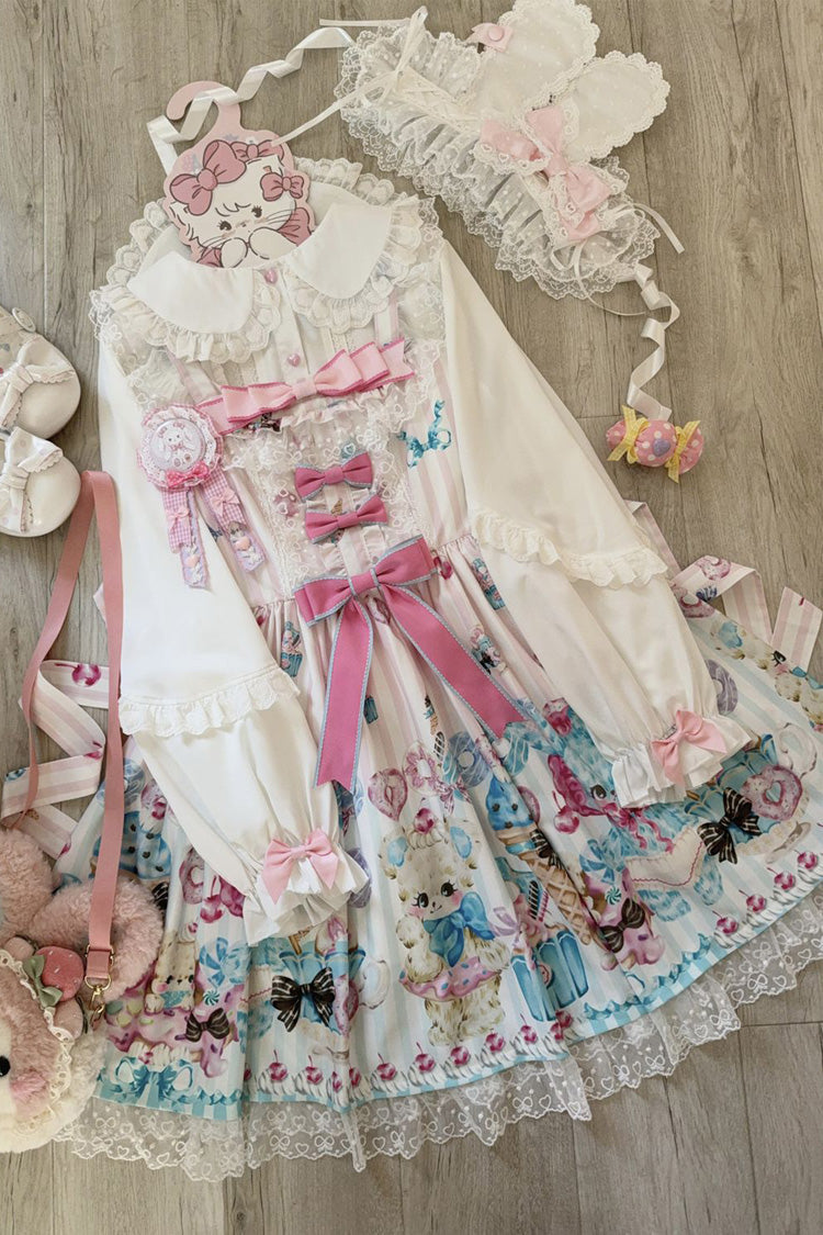 Ivory Bear Print Ruffle Bow Lace Sweet Princess JSK