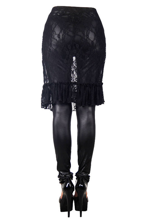 Obsidian Rose Lace Mesh Over-Skirt Faux Leather Pants for Women