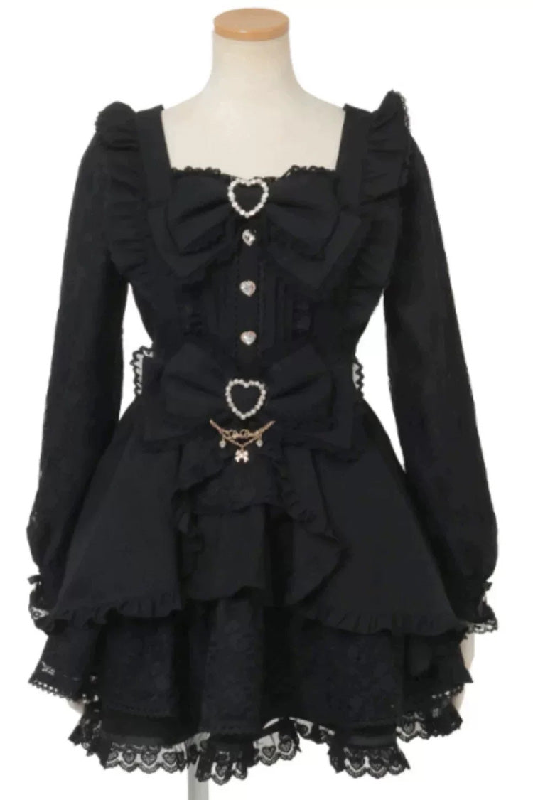 Cute Square-Neck Bow-Trimmed Short-Sleeve Lace Dress Set in Three Colors