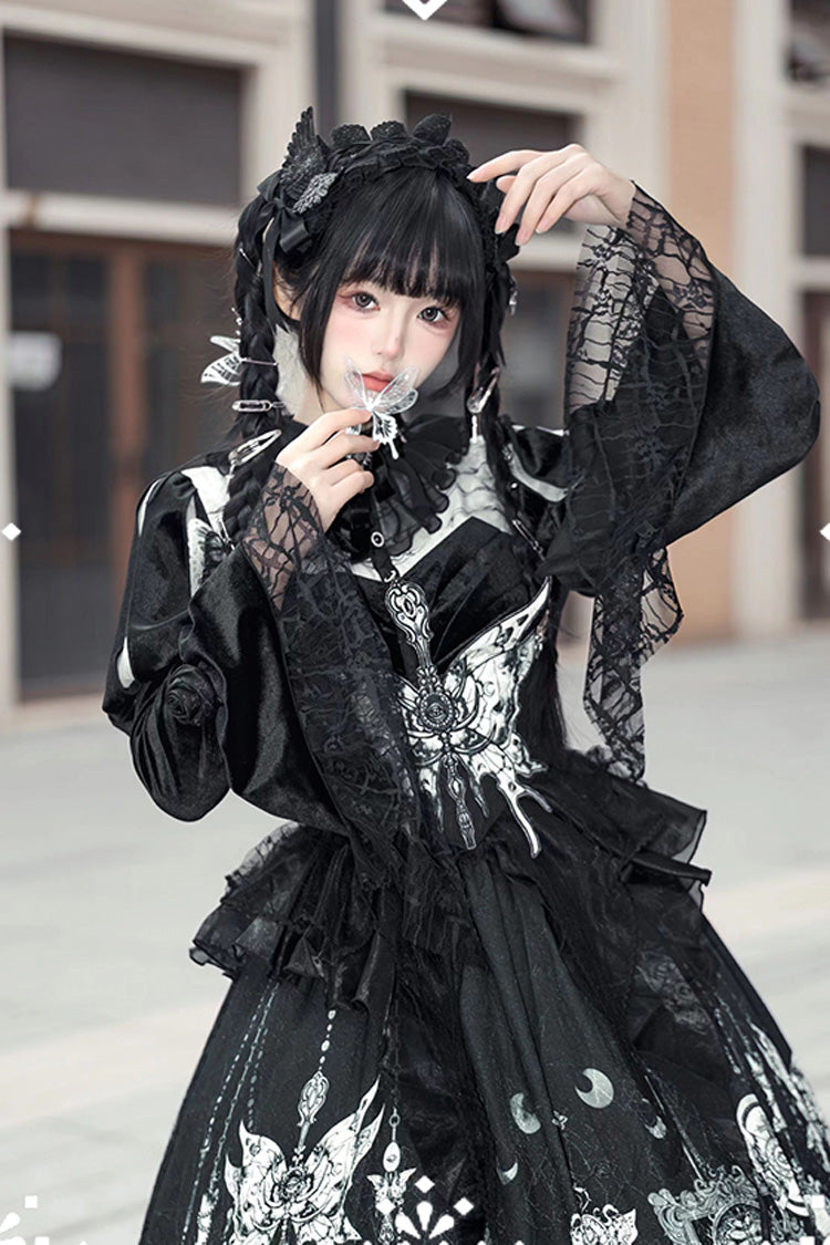 Black Feast of Bones Printed Ruffled Bow Lace Gothic Elegant Long Dress