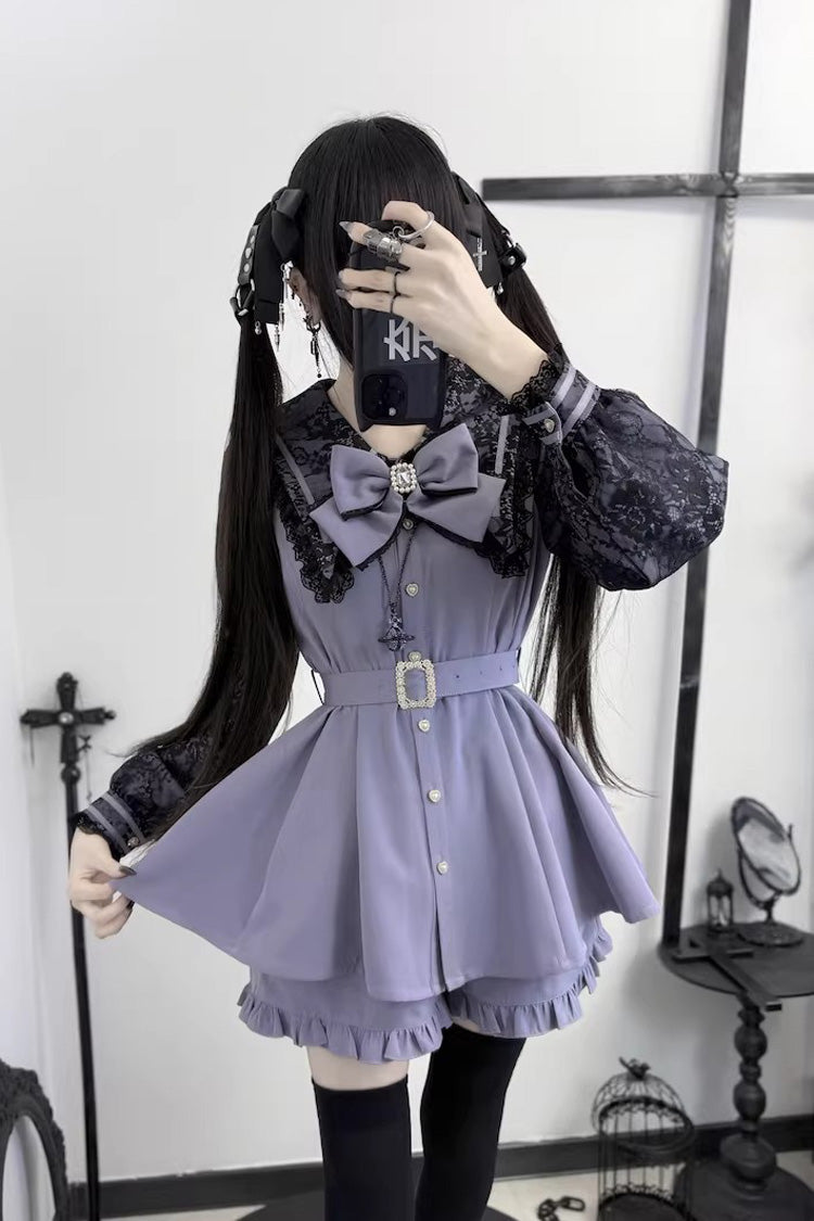 Confession Fantasy Lapel Collar Printed Ruffled Bow Japanese Dress Shorts