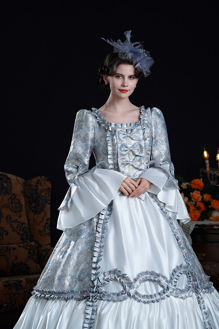 Azure Vintage Trumpet-Sleeve Embroidered Bow-Front Palace Gown