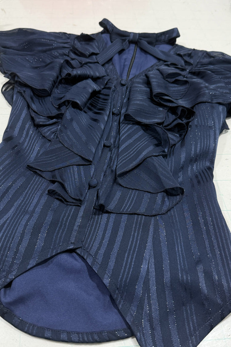 Cobalt Bow-Adorned Gothic Lolita Blouse with Ruffled Details