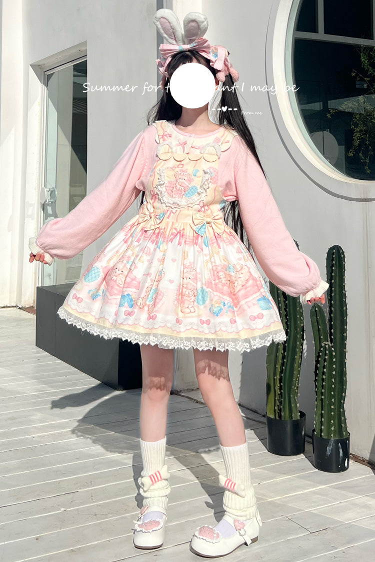 Kawaii Bears Printed Yellow Bow Stitching Lace Sweet Lolita Strap Dress - Miss Brown