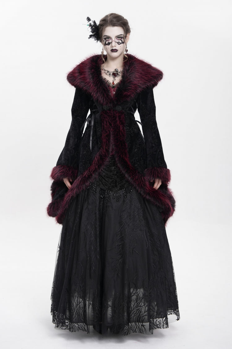 Crimson Floral Embroidered Gothic Fluffy Jacket