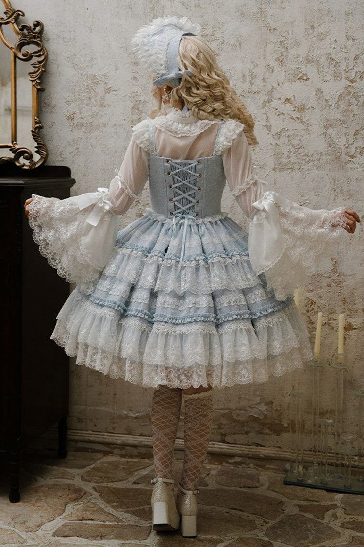 Blue Sleeveless Ruffled Bow Lace Sweet Lolita JSK - Reinas