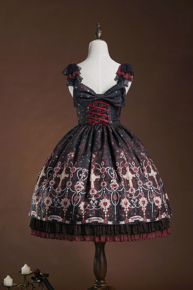 Red Black Triple-Layered Print Ruffle Hot Stamping Cardigan Bowknot Elegant JSK Dress