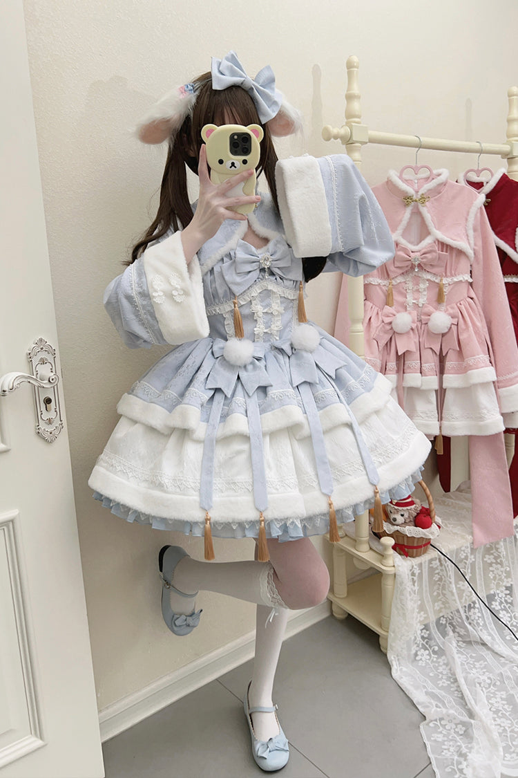 Sweet Two-Piece Dress with Ruffle Sleeves in Blue