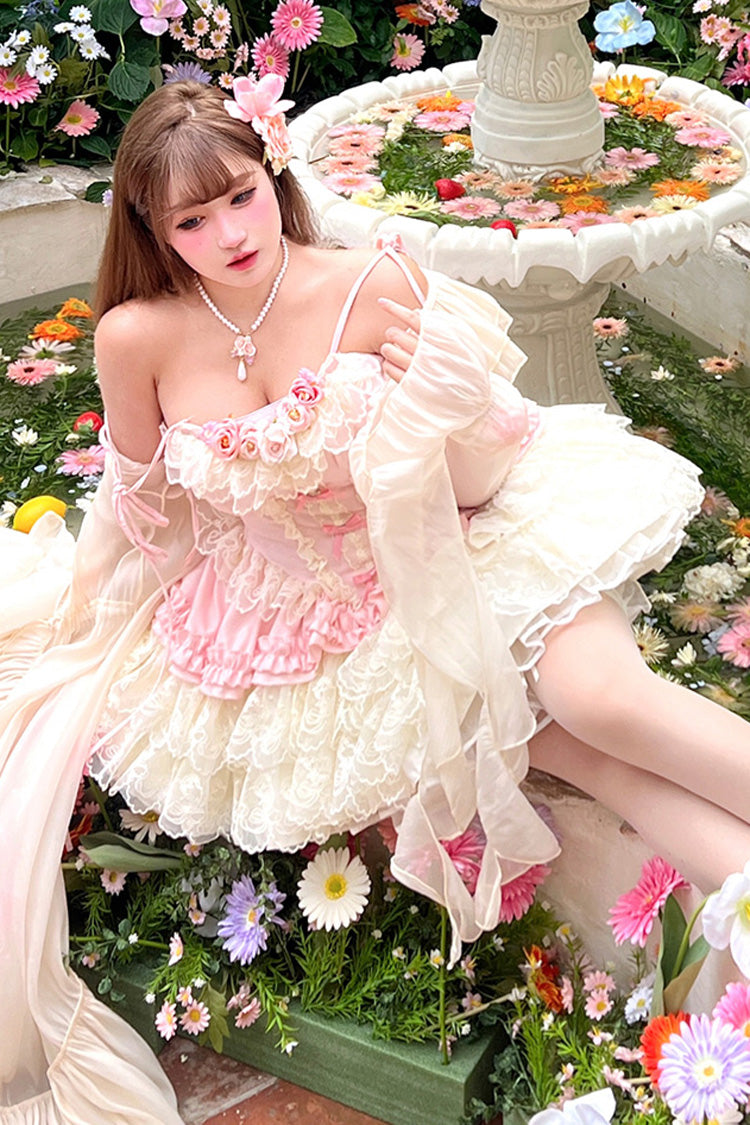Pink Multi-Layered Ruffled Embroidered Bow Lace Sweet Lolita JSK Dress
