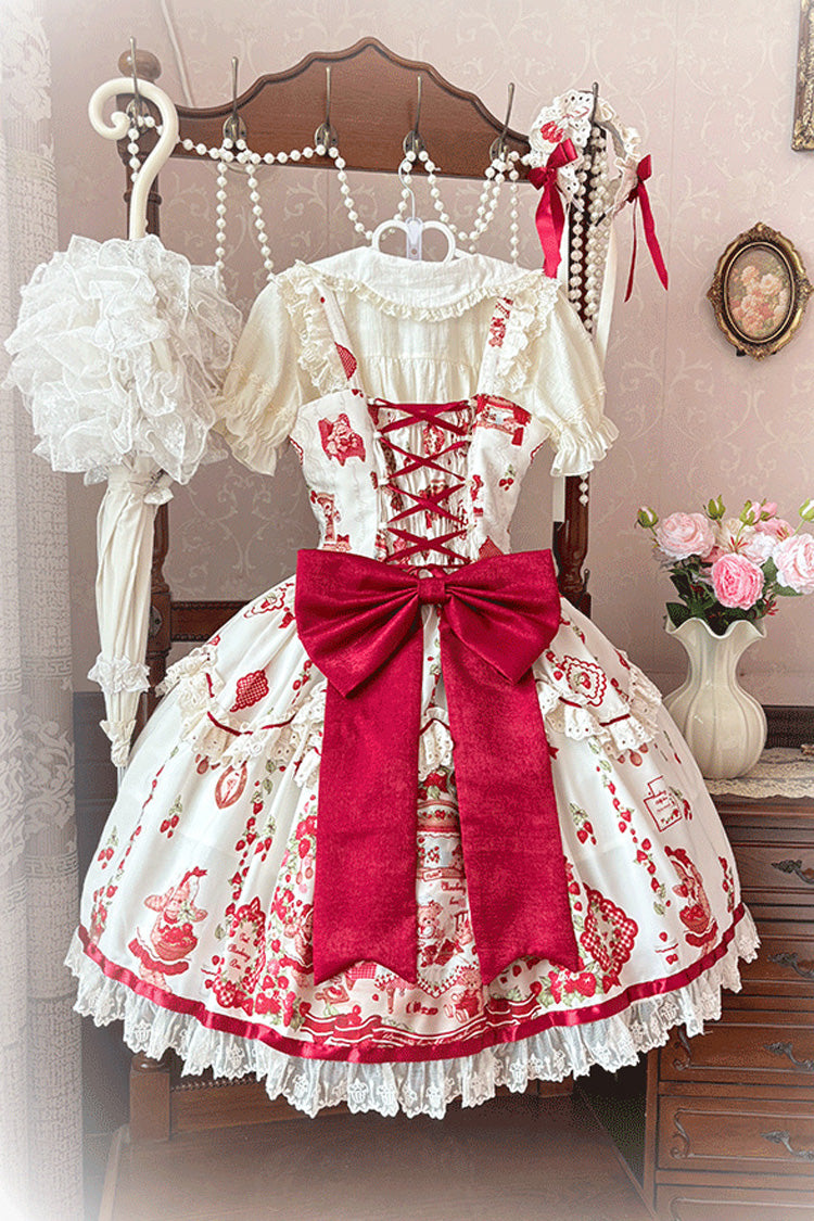 Strawberry Bear Print Sleeveless Lolita JSK with Lace