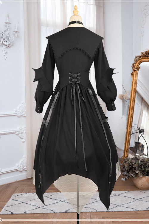 Ebony Gothic OP Dress - Lapel Collar Cat Eye Hem