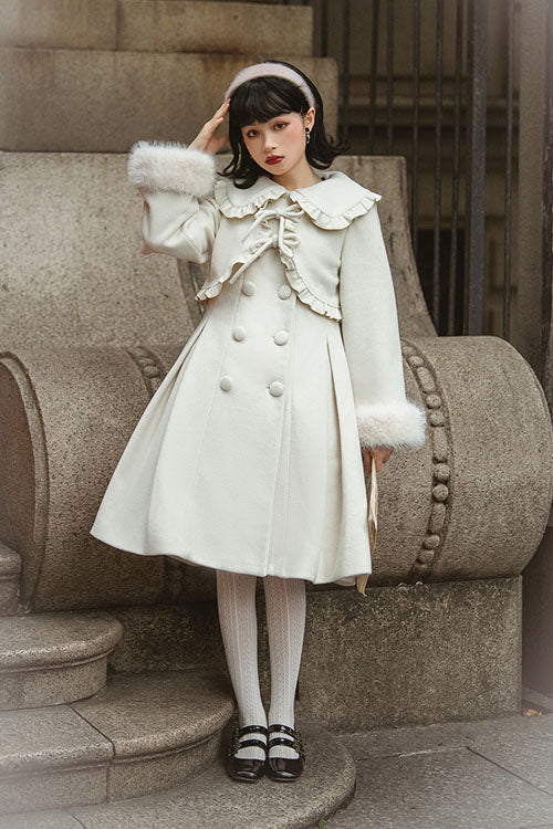Ivory Woolen Coat with Bow - Double Breasted Lolita