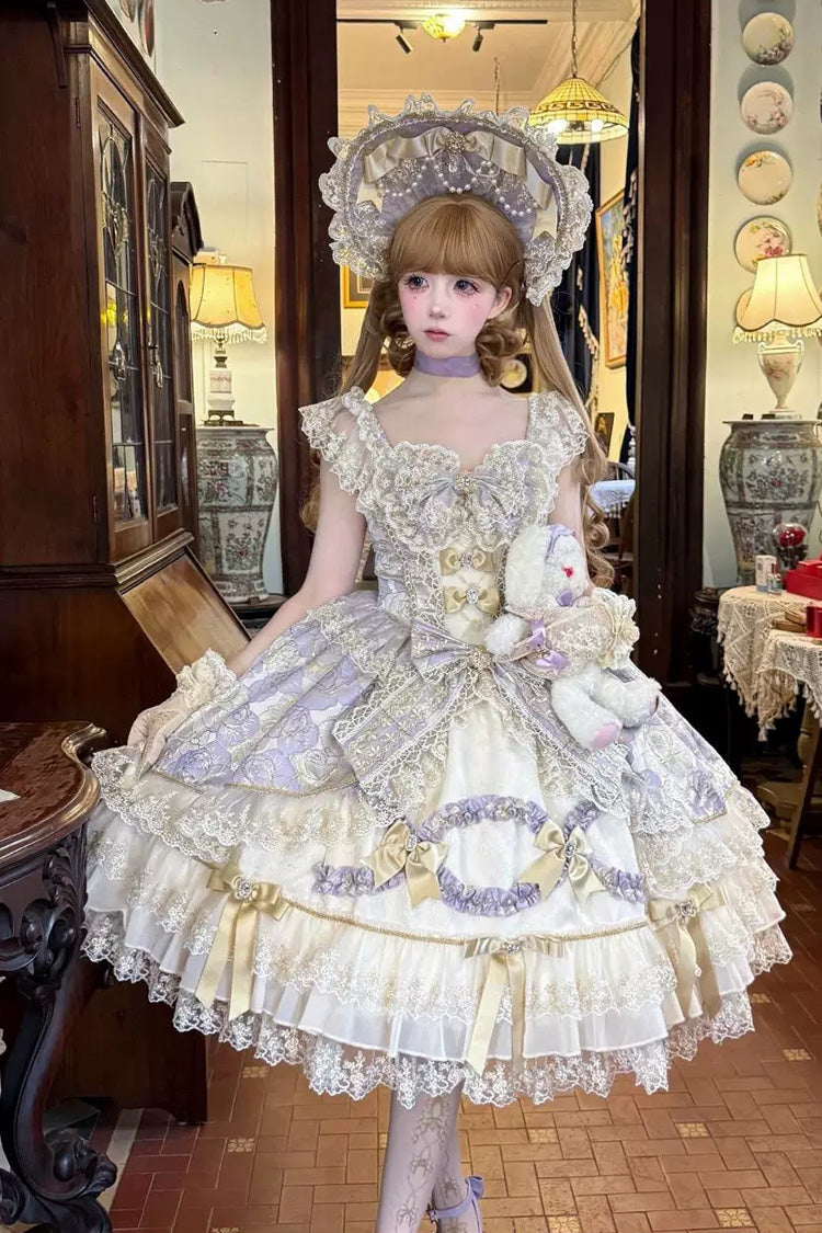 Gilded Waltz Violet Square Collar Sleeveless Embroidered Bow Lace Lolita JSK - Gilded Waltz