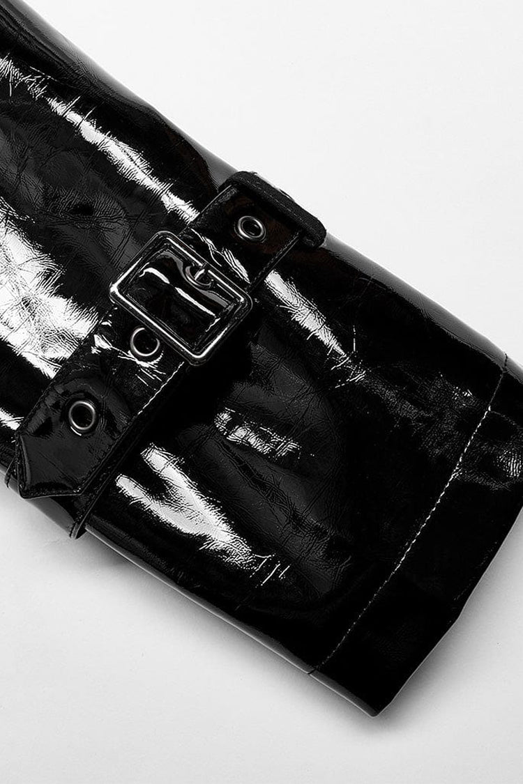 Men's Steampunk Coat with Patent Leather Panels & Metal Buckle, Dual Collar