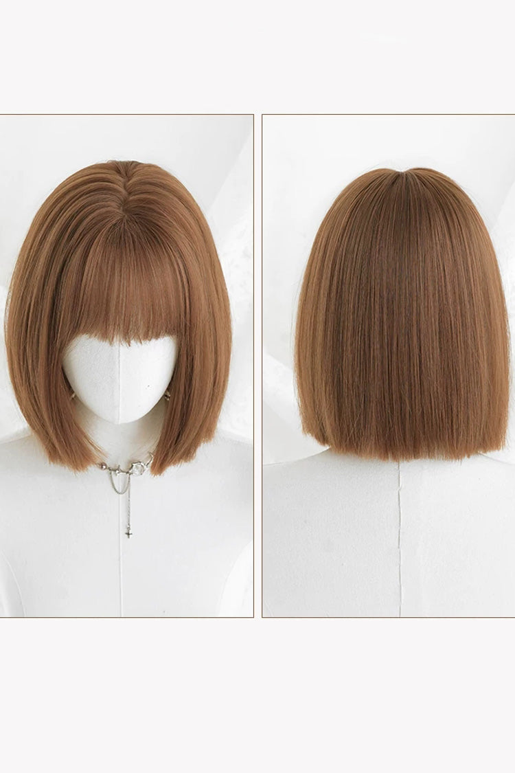 Japanese-Style Roasted Brown Short Wig with Full Bangs for Sweet Lolita