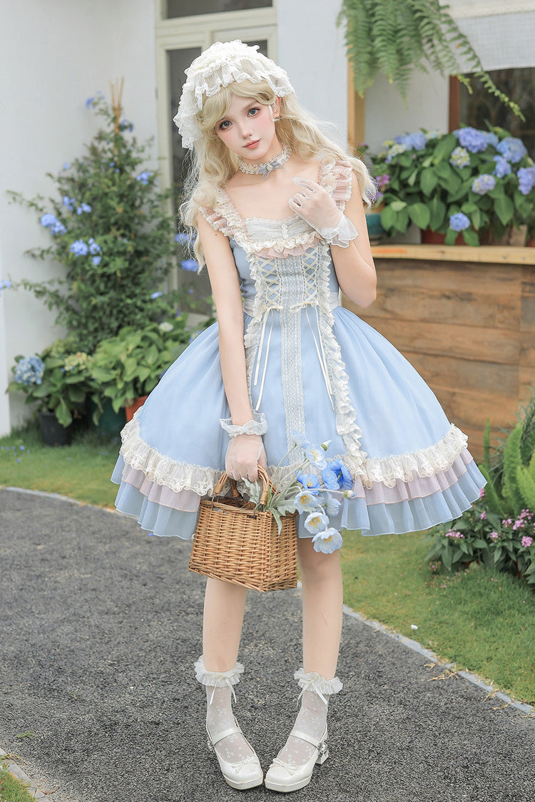 Island Diary Square Collar Flutter Sleeves Triple-Layered Ruffled Lace-Up Sweet Lolita Jsk Dress 2 Versions - Blue