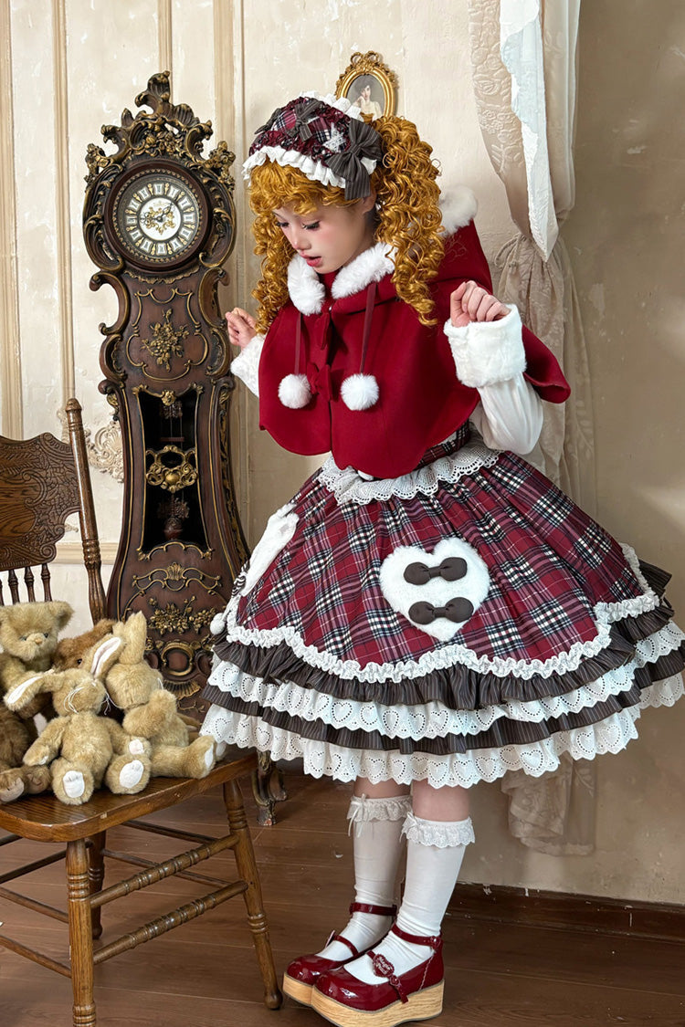 Crimson Layered Ruffled Bow JSK Dress Set with Floral Print
