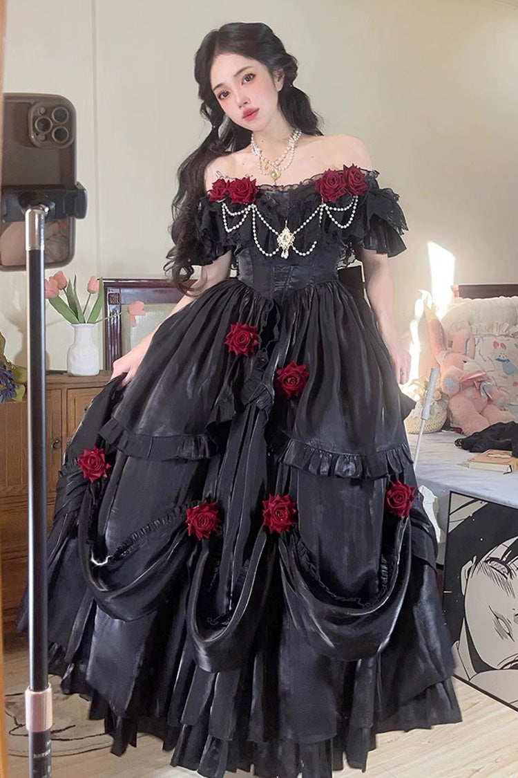 Black Rose-Printed Gothic Strapless Dress with Long Sleeves