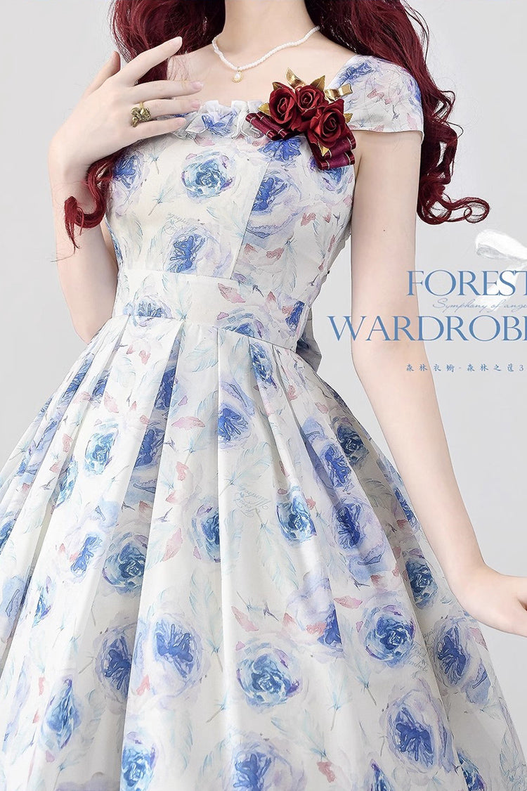 Cerulean and Ivory Rose Print Bow Sweet Elegant Lolita JSK Dress - Forest Basket Edition