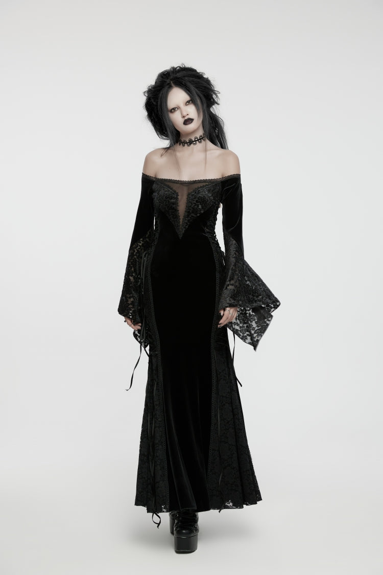Black Off-Shoulder Long Trumpet Sleeve Embroidered Lace Lace-Up Gothic Palace Velvet Dress