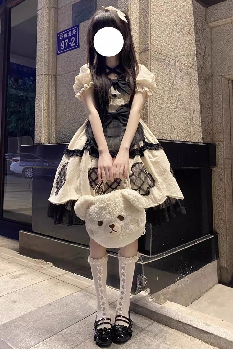 Ivory Puff-Sleeved Bow Trim Sweet Lolita Princess Dress