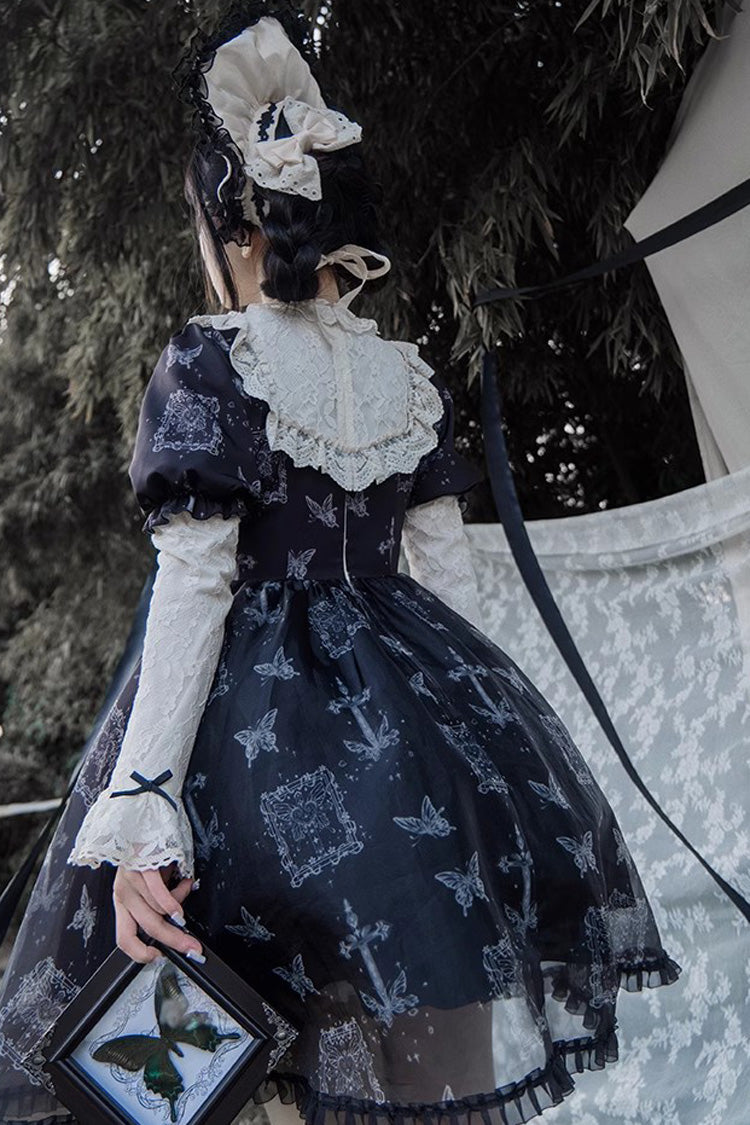 Gothic Lolita Dress with Butterfly Print & Embroidery, Black