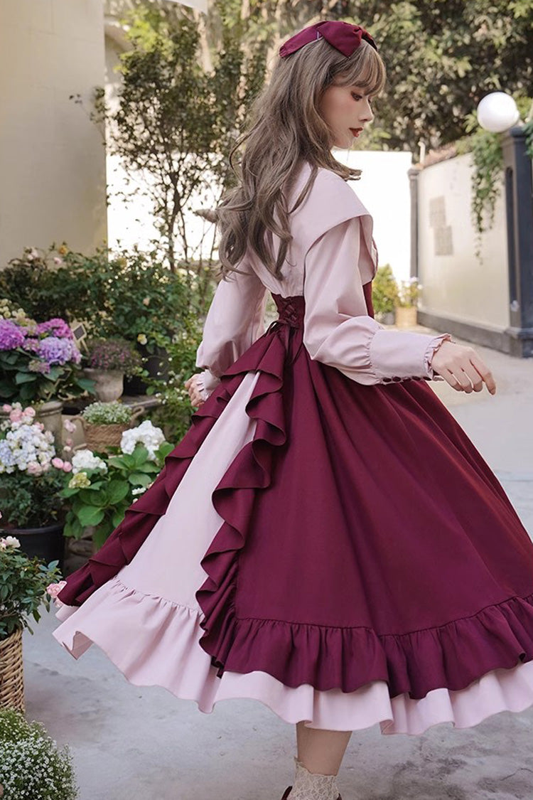 Elegant Rose-Embroidered Long-Sleeve Ruffle Bow Dress with Faux Two-Piece Style in 2 Shades