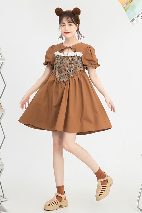 Tie Neck Bear Print Jacquard Panel Bubble Short Sleeve High Waist Sweet Dress
