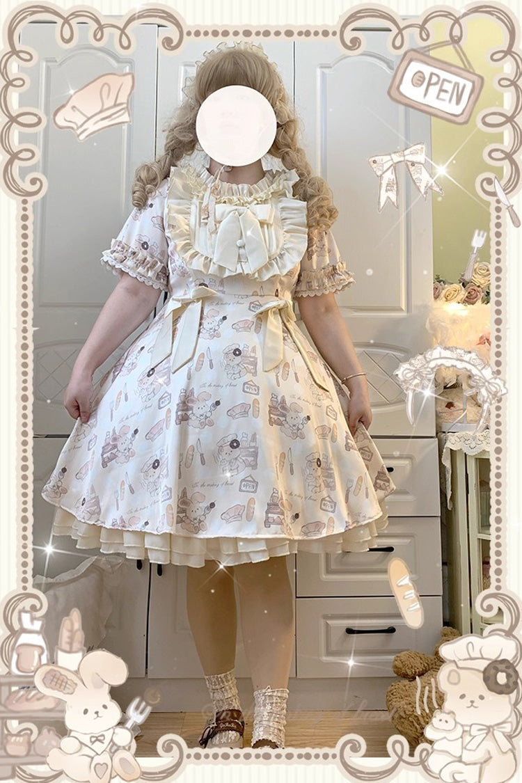 Short Puff Sleeve Print Ruffle Plus Size Princess Lolita Dress Ivory