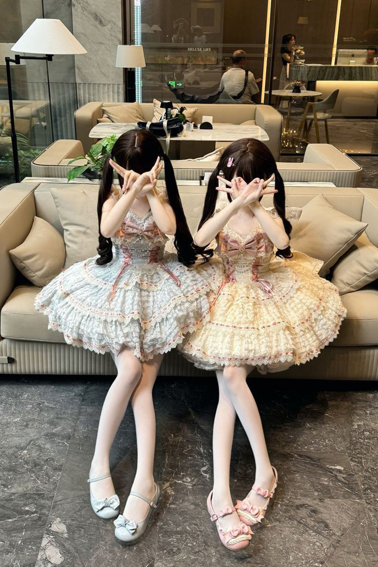 Sweet Lolita JSK Dress with Triple-Layer Bowknot Lace-Up and Apricot Sleeveless Design