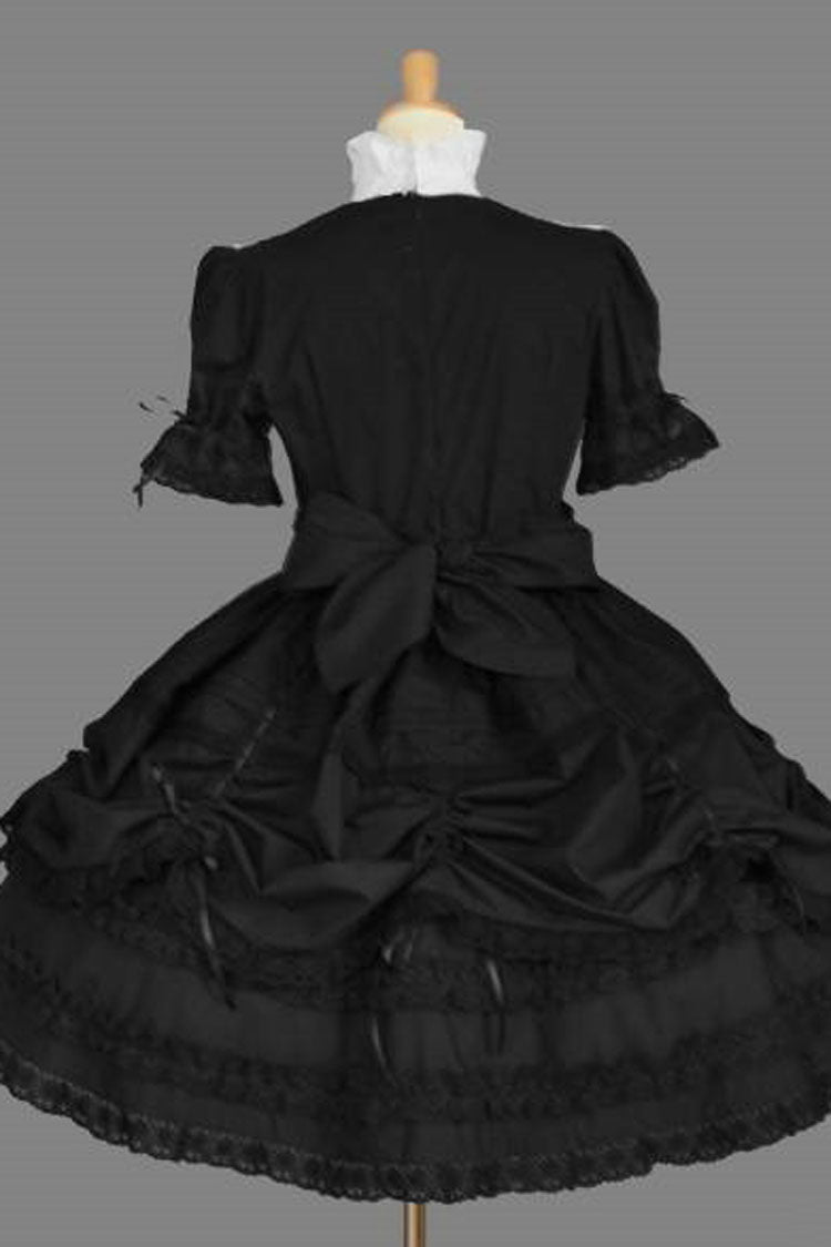 Black/White Cotton Gothic Lolita Dress Stand Collar Long Sleeves Ruffled - Altfashion Shop