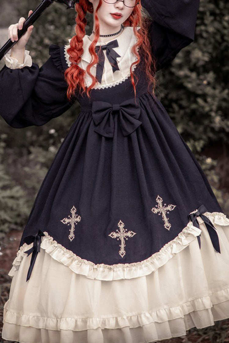 Retro Doll Collar Chest Bow Cross Embroidery Print Dark Girl Gothic Lolita OP Dress – Cospicky