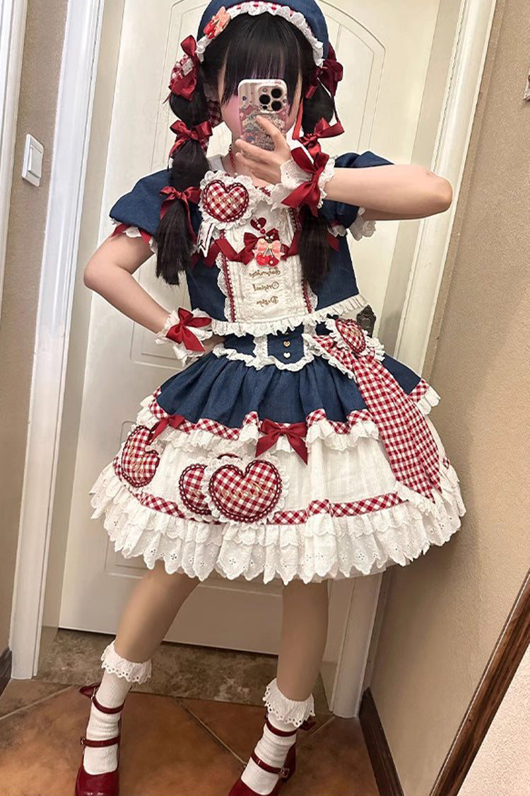 White Blue Red Peach Heart Lilith Ruffle Bow Lace Up Sweet Skirt Set
