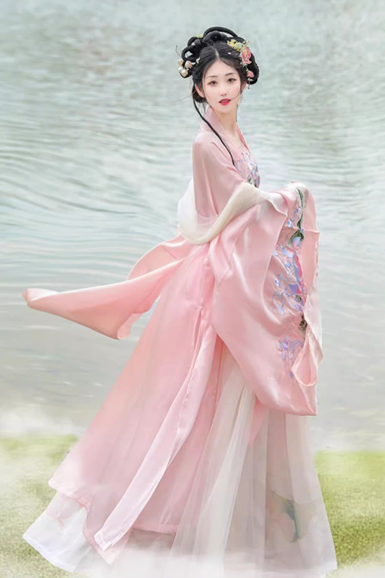 Blush Tang Dynasty Long Flared Sleeves Printed Embroidered Sweet Hanfu Gown