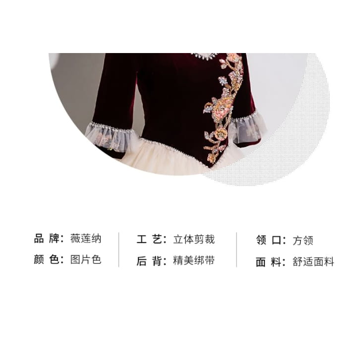 3/4-Sleeve V-Neck Beaded Floral Applique Mesh Panel Velvet