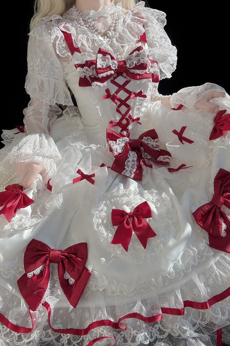 Ivory and Scarlet Heart Sleeveless Layered Embroidered Bow Lace-Up Sweet Lolita JSK