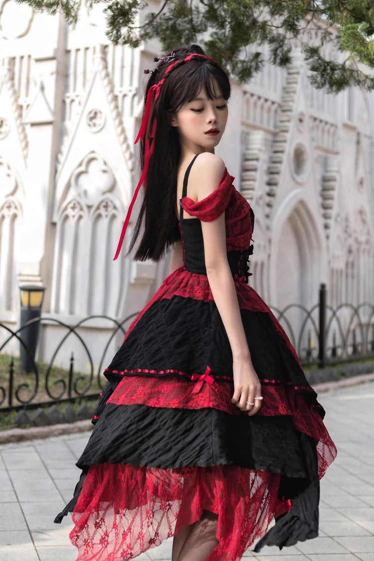 Red and Black Sleeveless High-Waist Print Asymmetric Gothic Lolita JSK
