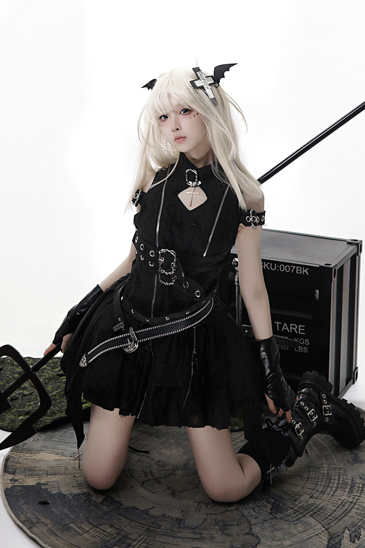 Black Hunter Stand Collar Off Shoulder Ruffled Embroidered Zip Gothic Dress