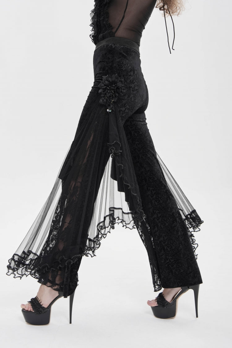 Women's Gothic Pants with Floral Mesh & Embroidered Lace Print, Black