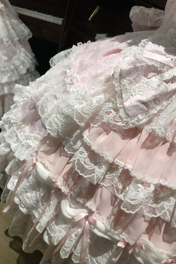Eternal Floral Message Square Collar Sleeveless Multi-Layered Embroidered Bow Lace Sweet Lolita Jsk Dress - Pink