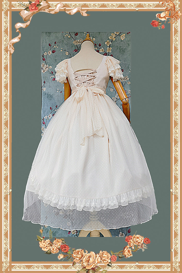 Apricot Elegant Lolita Dress with Polka Dot Print Ruffles Bowknot and Asymmetric Sweet Style