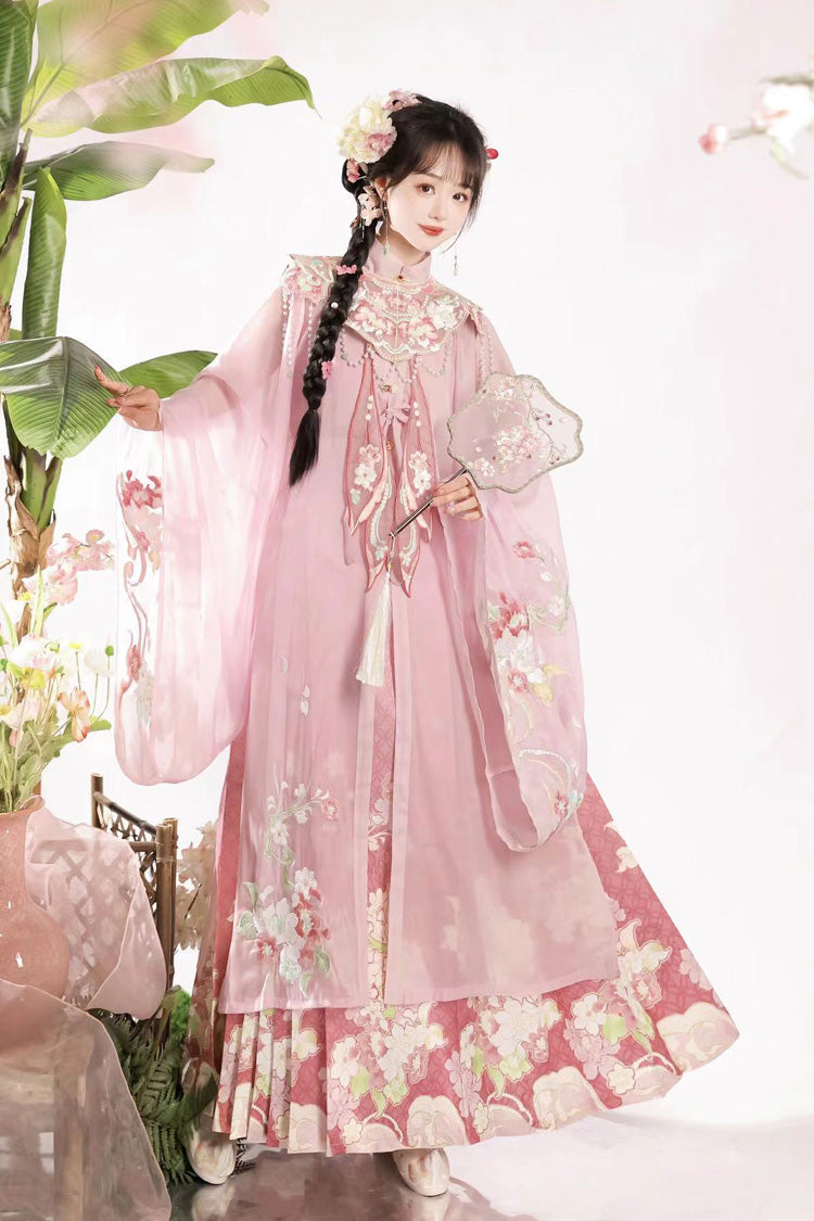 Rose Mandarin Collar Long Sleeve Ming-Style Embroidered Cloud Shoulder Sweet Hanfu Horse-Face Ensemble