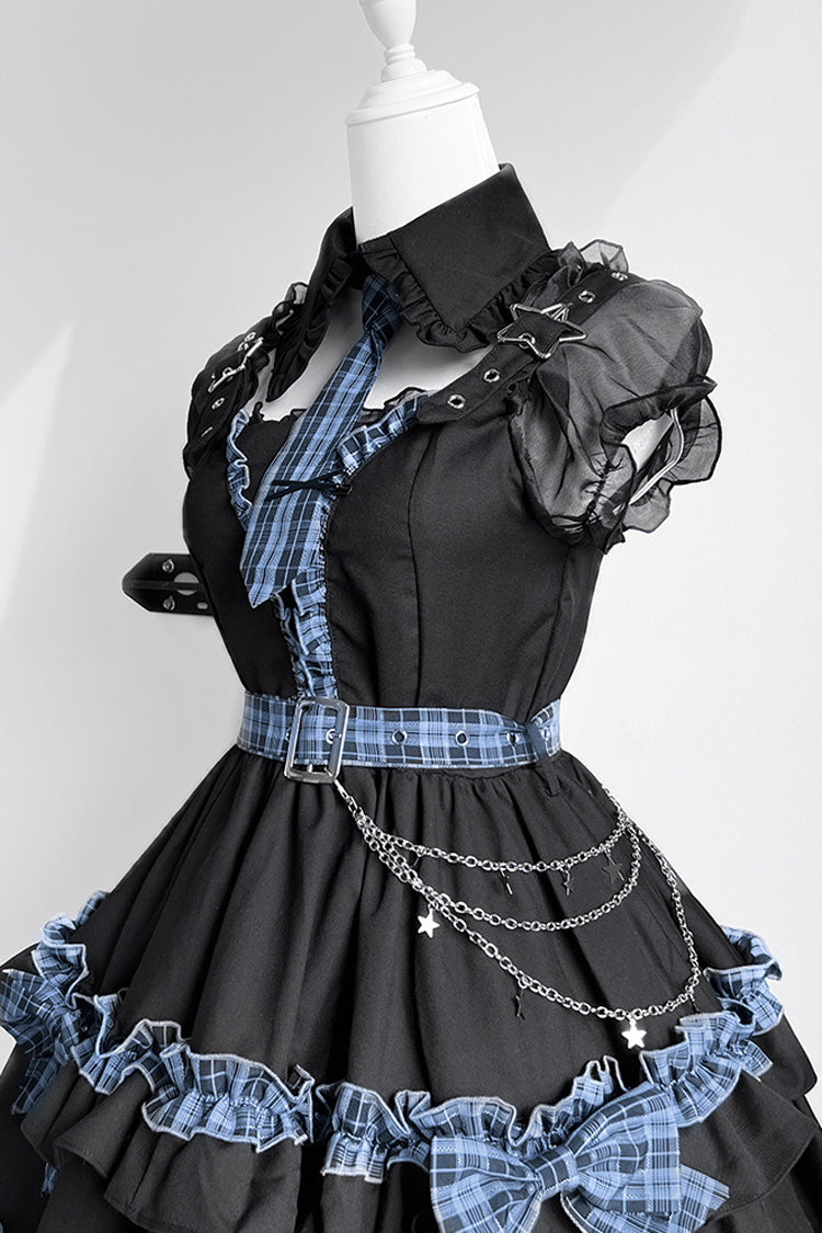 Noir Chain Ruffled Bow Buckle College Style Dress Set - Dark Night Starlight