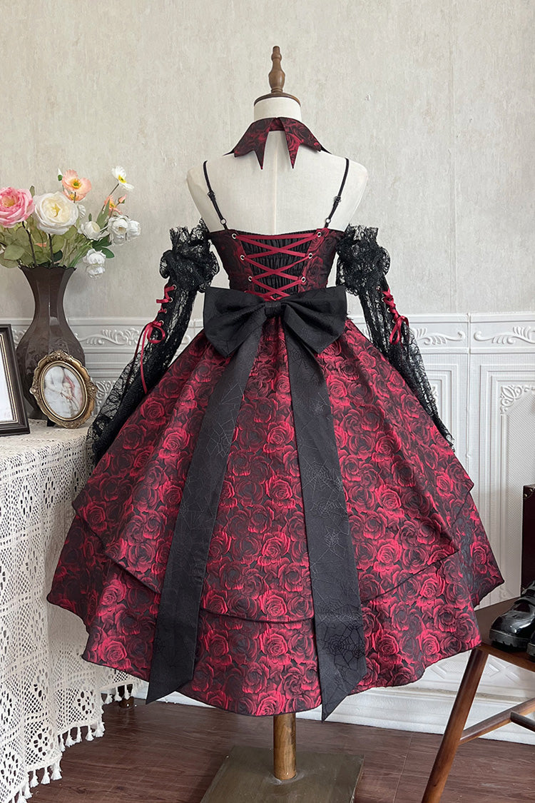 Red Ruffle Embroidery Cardigan Bow Lace Up Gothic Lolita Jsk Dress
