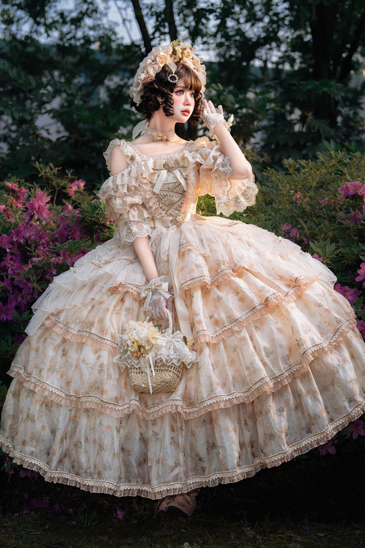 Yellow Off-Shoulder Princess Dress with Ruffle Print