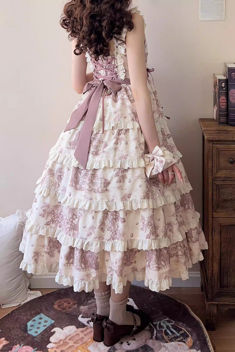 Grape Moon Almanac Sleeveless Multi-Layer Printed Ruffled Bow Adjustable Sweet Lolita JSK Dress
