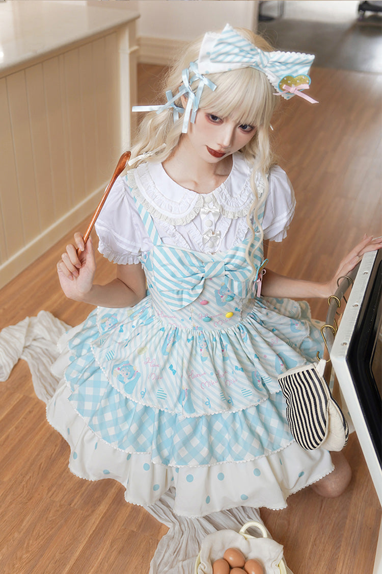 Sleeveless Triple-Layer Print Bow Sweet Lolita Jumper Dress - Blue