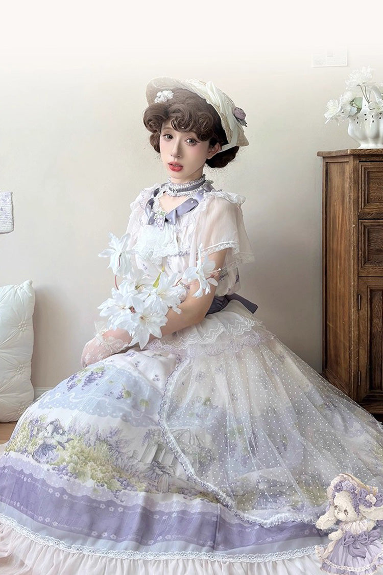 Ivory and Lavender Rabbit Vine Grape Print Short Sleeve Ribbon Lace Elegant Sweet Lolita Skirt Set