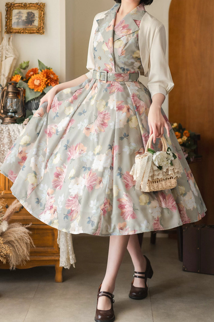 V Collar Printed Vintage Dress - Afternoon Forest