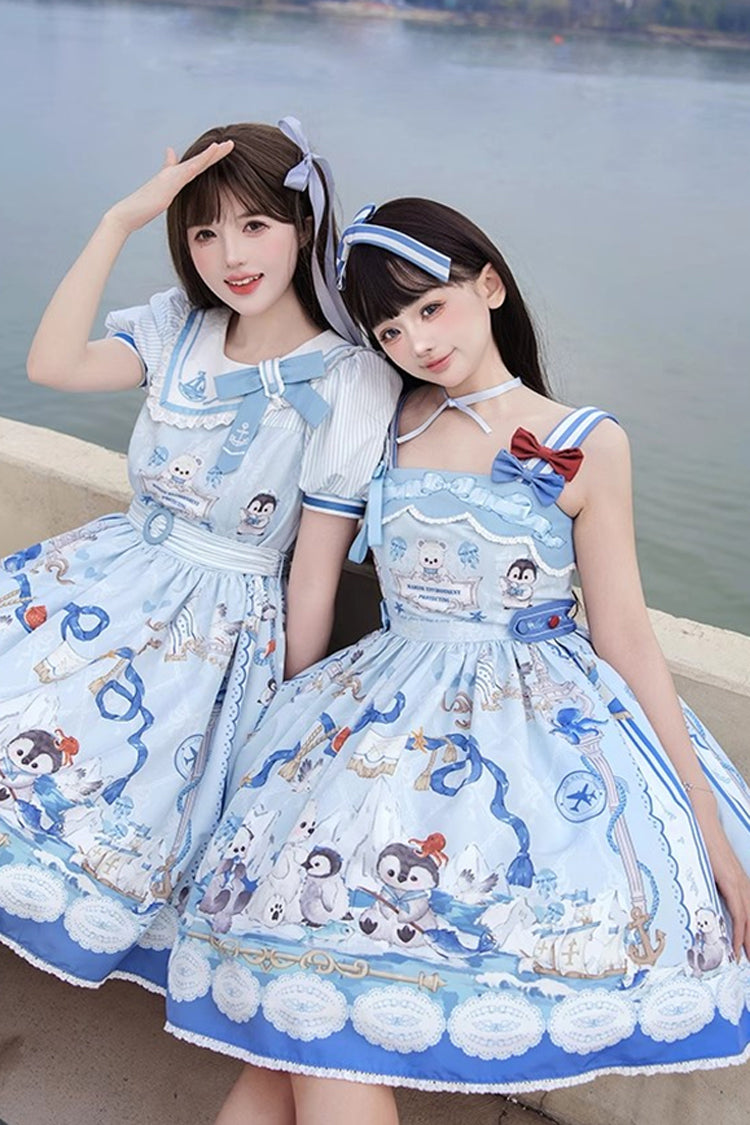 Penguin Navy Print Ruffle Bow Princess JSK Dress in Blue